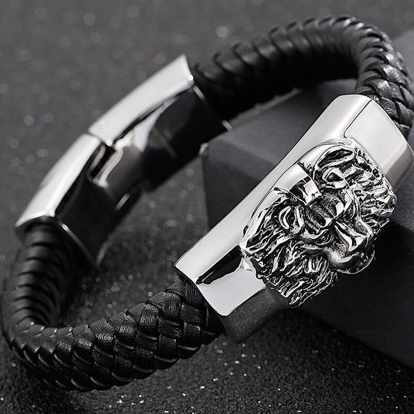 Pulsera de acero inoxidable con cabeza de león estilo punk rock para hombre