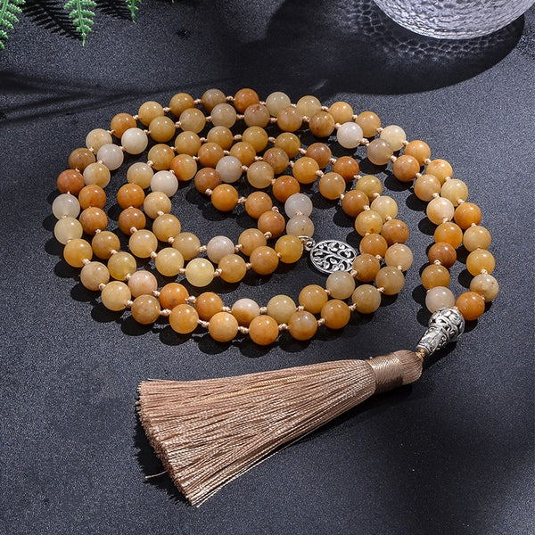 Collar de japamala anudado de jade amarillo de 8 mm, 108 cuentas de mala, conjunto de pulsera de joyería para meditación y yoga con bendiciones