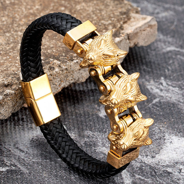 Pulsera de cuero para hombre de acero inoxidable con cabeza de lobo dorada