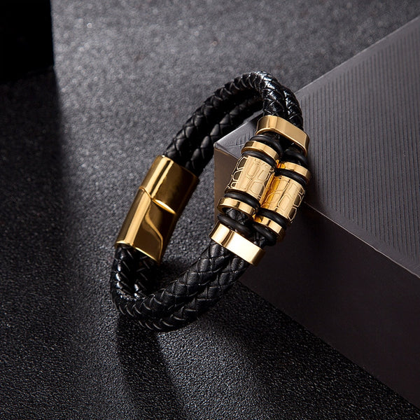 Pulsera de cuero genuino para hombre, joyería con dijes de acero inoxidable dorado