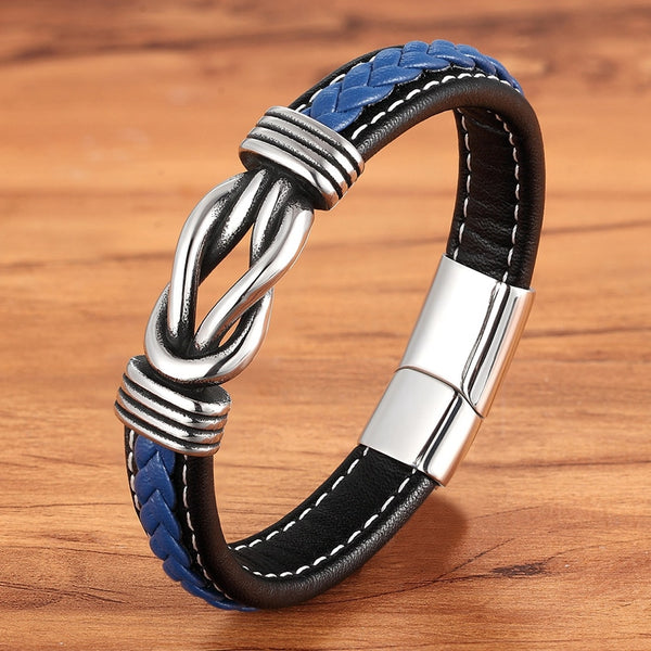 Pulsera geométrica de cuero y acero inoxidable para hombre