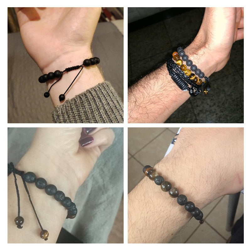 Men Bracelet Tiger Eye Stone Braided Bracelet Black Matte Natural Stone Beads Bracelet