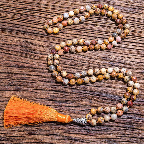 Collar Japa Mala 108 anudado con cuentas de ágata natural de 8 mm