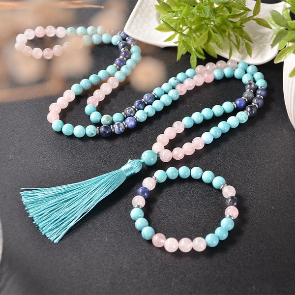 Collar Mala de cuentas de sodalita azul y cuarzo rosa turquesa azul de 8 mm