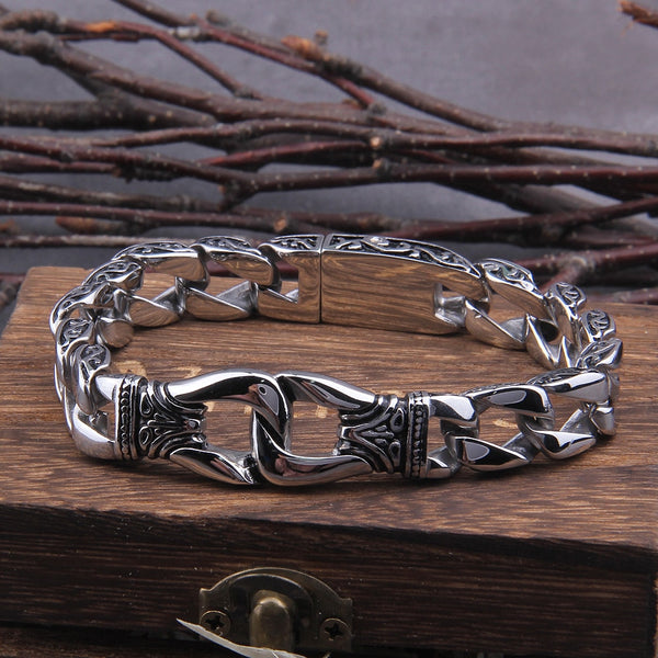 Pulsera Vikings de acero inoxidable de 12 mm con cadena cubana y cierre de plata.