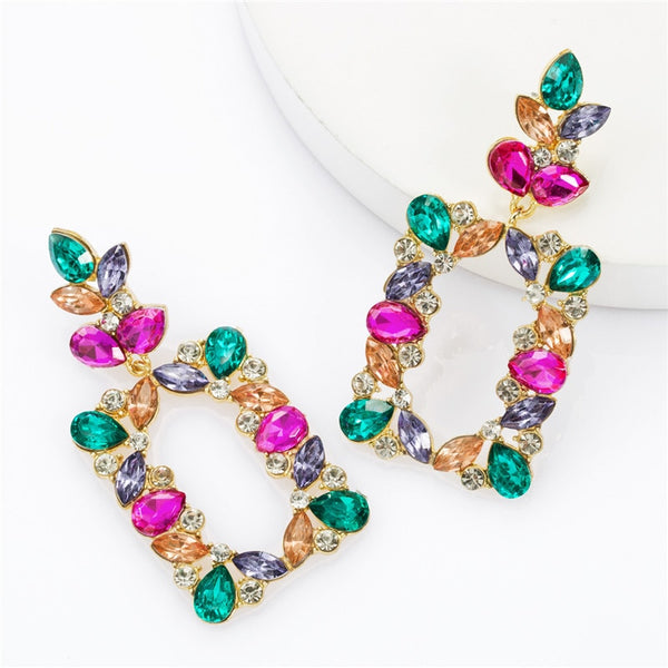Pendientes llamativos de diamantes de imitación cuadrados coloridos para mujer