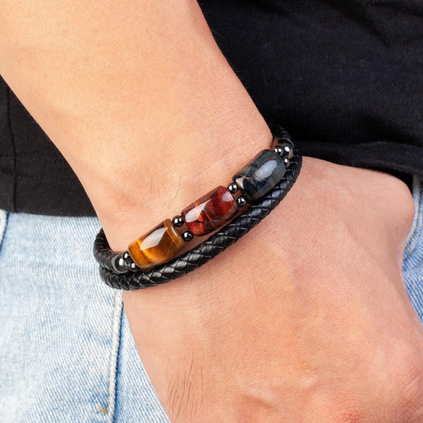 Pulseras de piedra de ojo de tigre para hombre, cuentas geométricas de piedra natural, brazaletes de cuerda de cuero