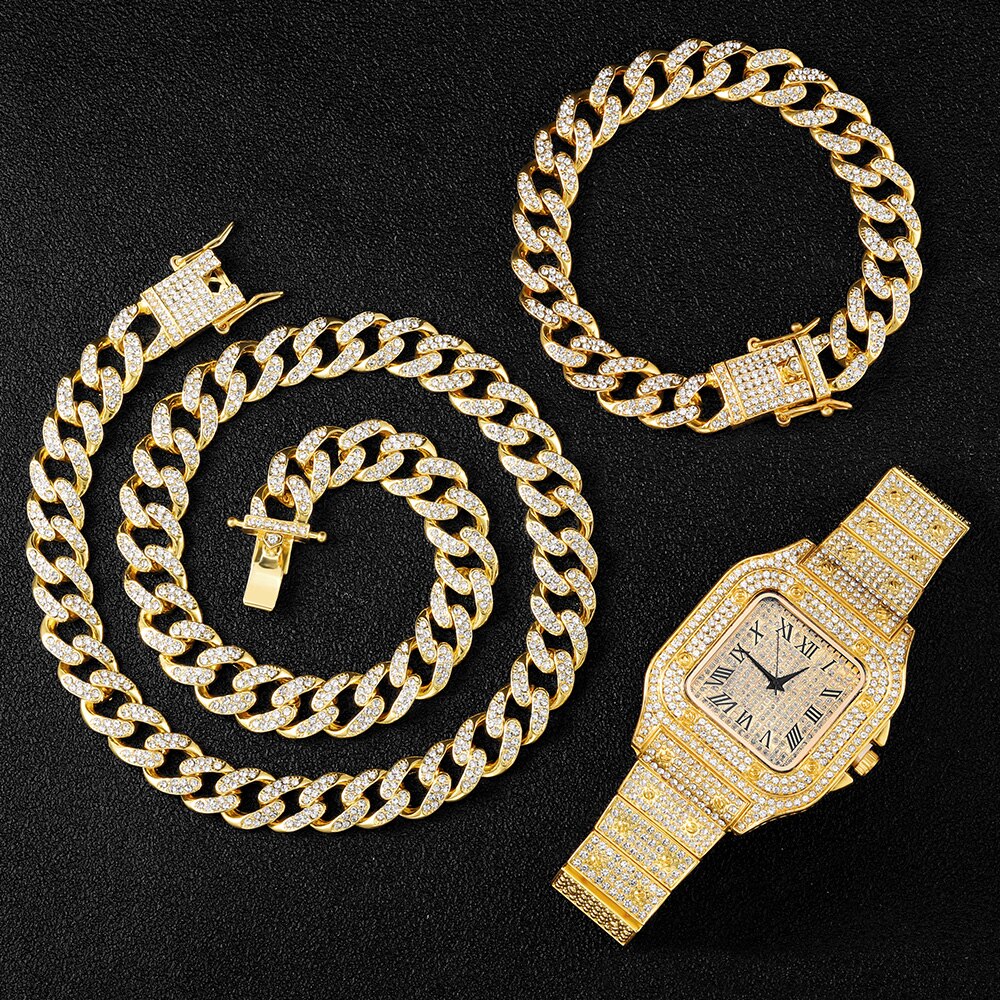 Gold Necklace +Watch+Bracelet Hip Hop Miami Curb Cuban Chain
