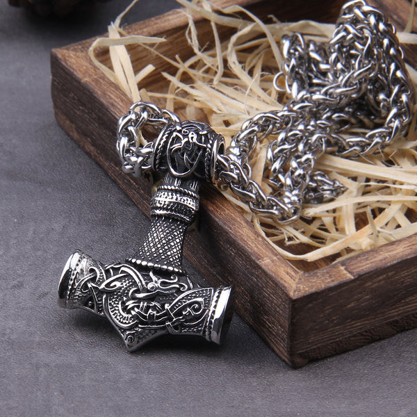 Collar de acero inoxidable con martillo de Thor y dragón vikingo para hombre