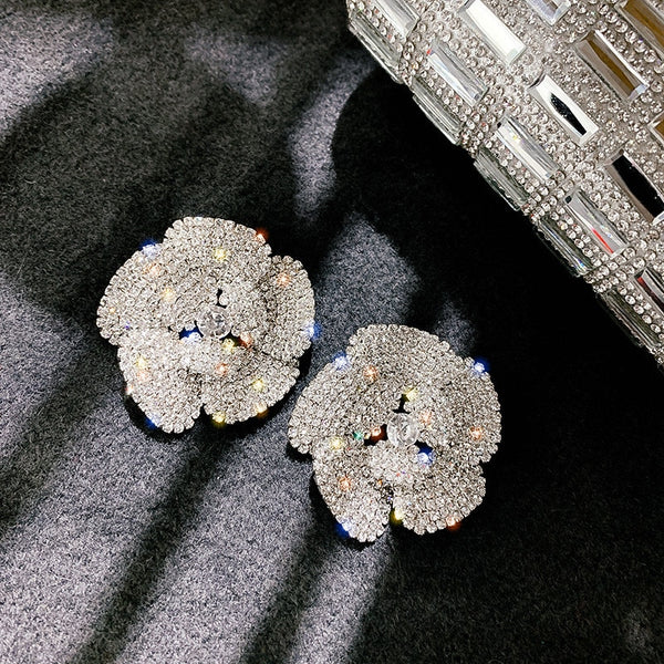 Pendientes de botón con cristales de imitación de gran tamaño y flores de cristal para mujer