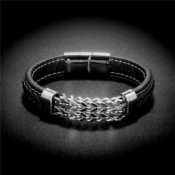 Vintage Style Leather Bracelet Gold Black Stainless Steel Chain Bracelets