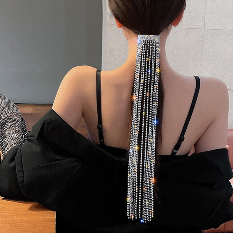 Shiny Full Rhinestone Hairpins for Women Long Tassel Crystal Hair Accessories