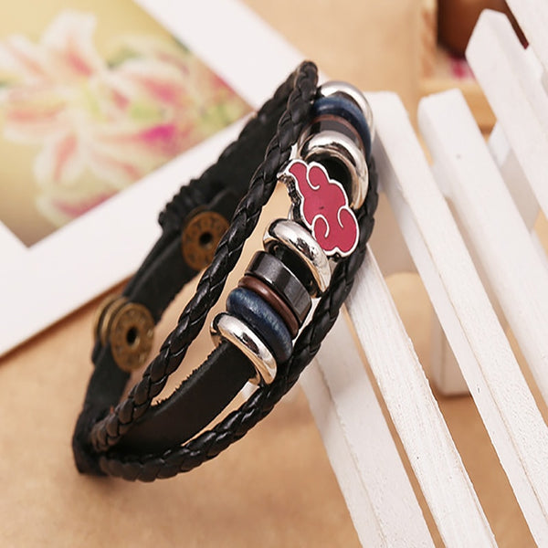 Pulseras de Anime Naruto Akatsuki con hebilla de cadena de cuero negro