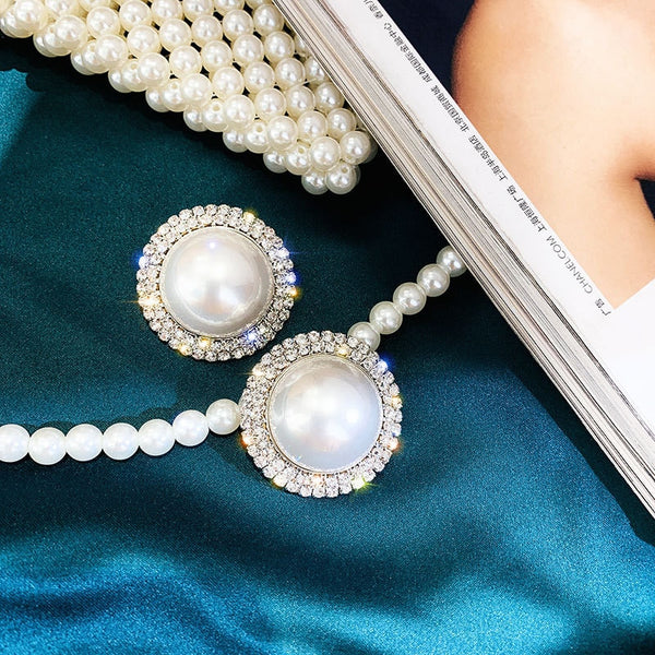 Pendientes grandes de perla simulada para mujer y niña, con diamantes de imitación geométricos redondos.