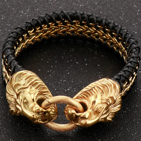 Pulsera de acero inoxidable con dije de cabeza de león para hombre