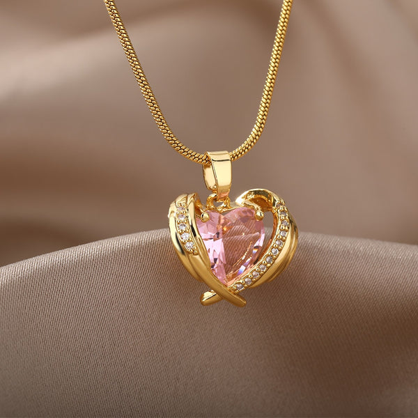 Pink Zircon Heart Necklaces For Women Stainless Steel Chain Rose Flower Pendant