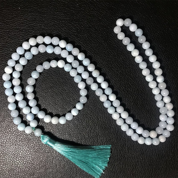 8mm Aquamarine Beaded Necklace 108 Japamala Meditation Yoga Jewelry Sets