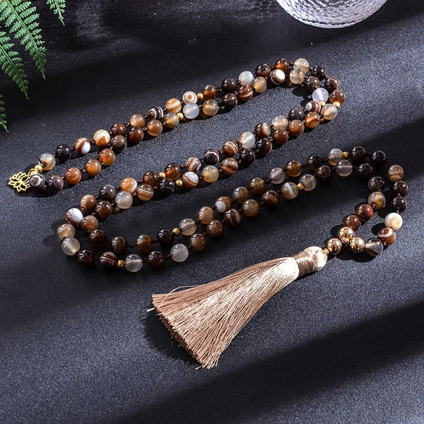 8mm Coffee Agate Knotted Japamala Necklace Bracelet Sets