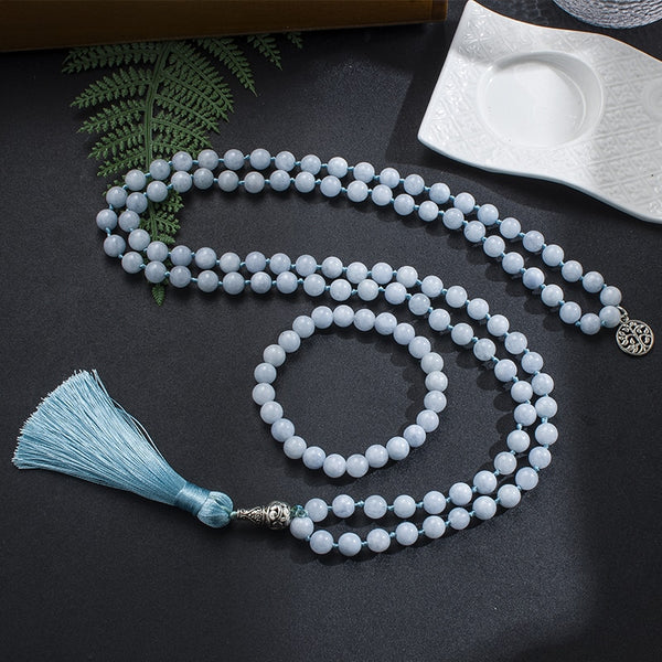 Collar Mala de cuentas de calcedonia azul de 8 mm para meditación, yoga, bendición, conjunto de joyas espirituales