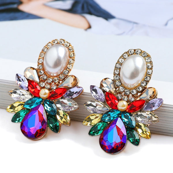 Pendientes geométricos de perlas simuladas con cristales de colores para mujer