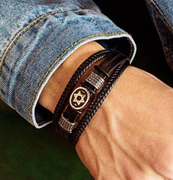 Pulsera trenzada de cuero multicapa con estrella de David de acero inoxidable de moda