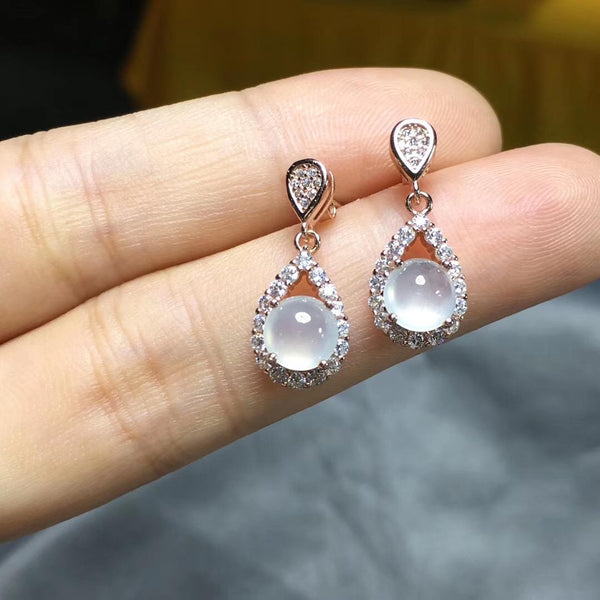 New natural egg round ice kind chalcedony diamond drop earrings