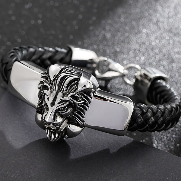 Pulsera de cuero con cabeza de león para hombre