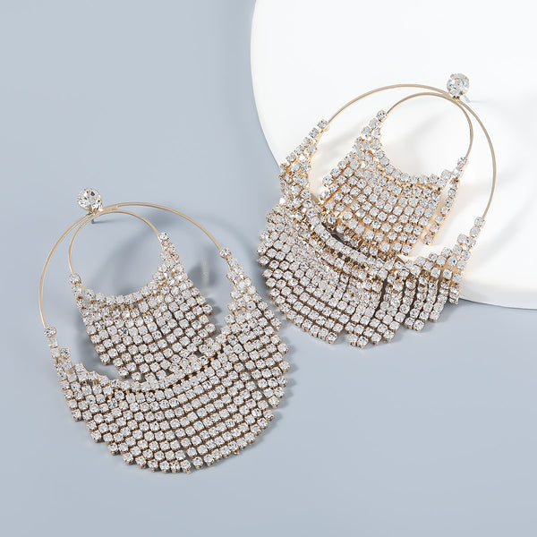 Pendientes de borlas de diamantes de imitación redondos multicapa de metal de moda para mujer