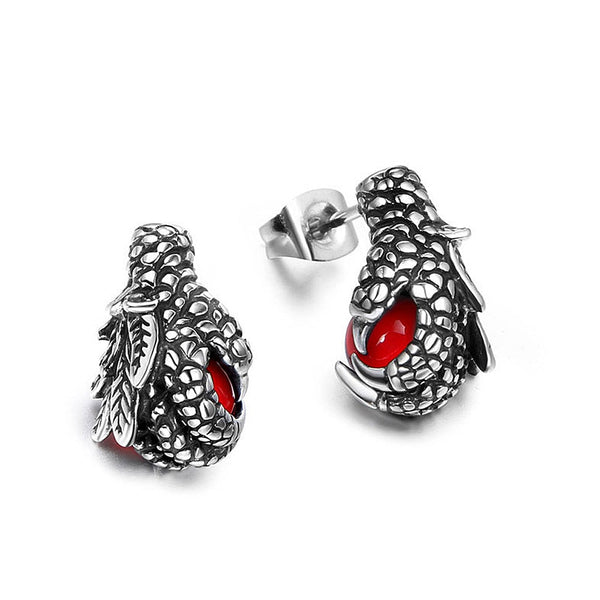 Pendientes con dije punk de garra de dragón con piedra negra/roja para hombre y mujer