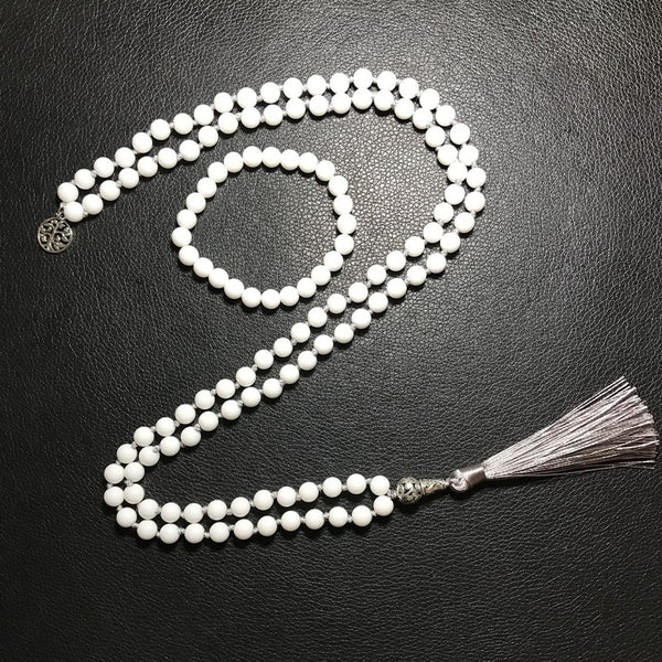 8mm Porcelain White Stone Beaded Knotted Necklace Meditation Yoga Blessing Jewelry Set