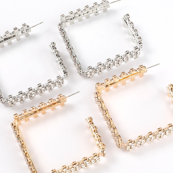 Pendientes de moda con diseño geométrico y cuadrado de metal con diamantes de imitación