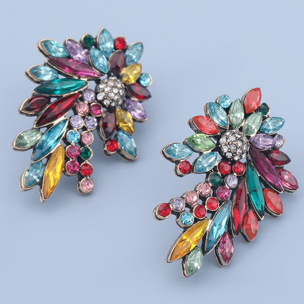 Pendientes sencillos de flores con diamantes de imitación para mujer