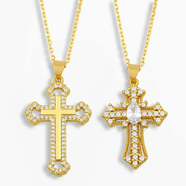 Micro Pave Cross Necklace For Women Gold Plated Rhinestone Pendant Necklace