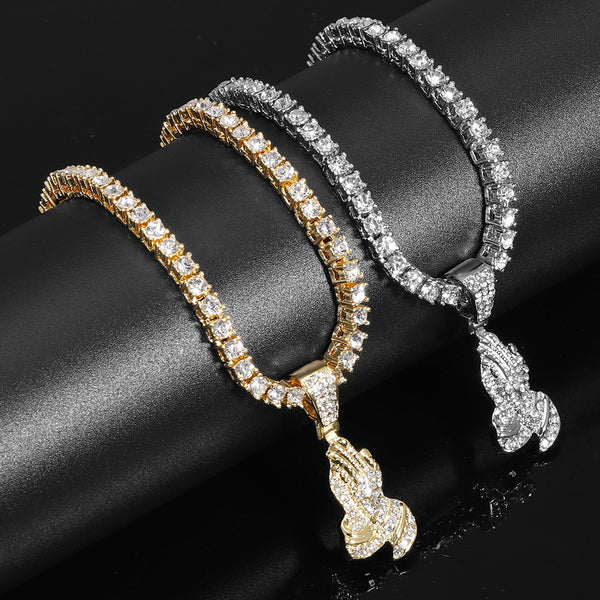 Men Hip Hop Praying Hands Pendant Necklace With 4mm Crystal Tennis Chain