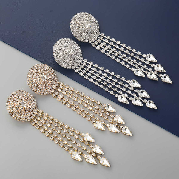 Pendientes de metal redondos convexos con flecos largos y diamantes de imitación para mujer