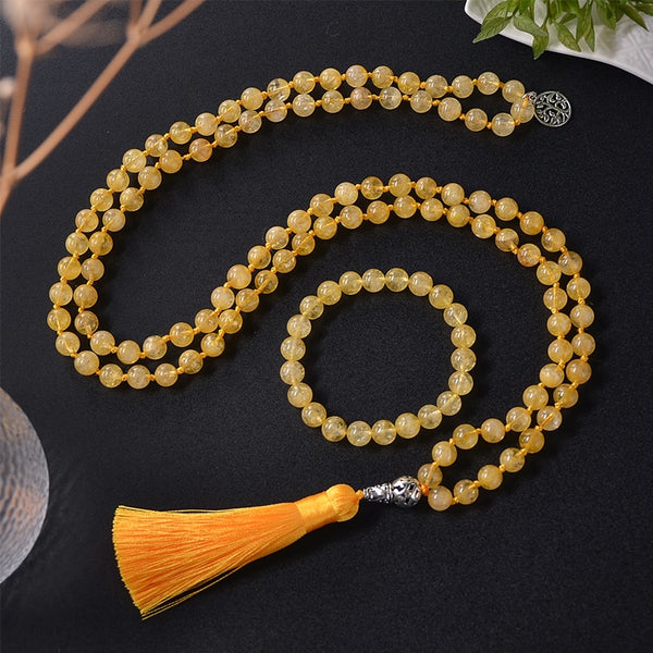Collar mala anudado con cuentas de citrino natural de 8 mm, conjunto de pulsera de joyería para meditación, yoga, bendición y sanación.