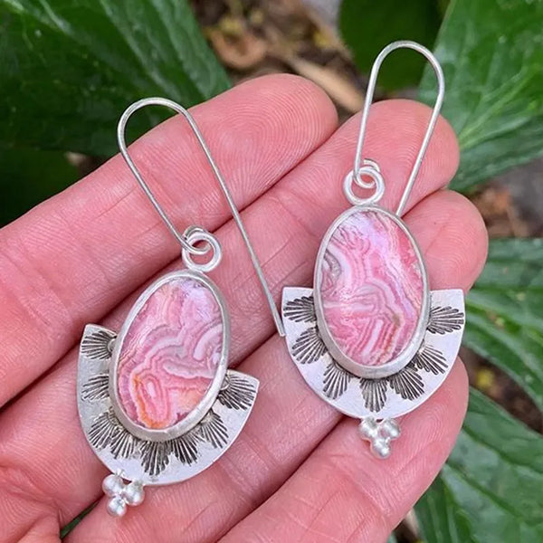 Pendientes colgantes de piedra rosa chapados en plata de moda, diseño simple para mujer