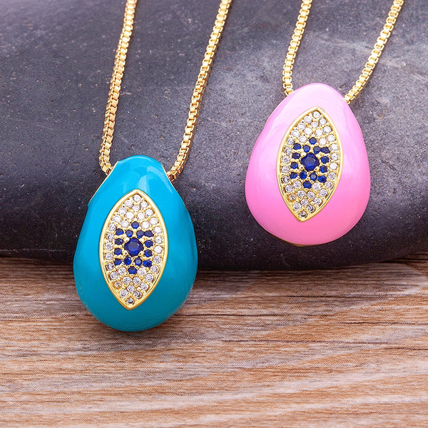 Collar con colgante de ojo malvado con aceite de goteo de esmalte de circón azul para mujer