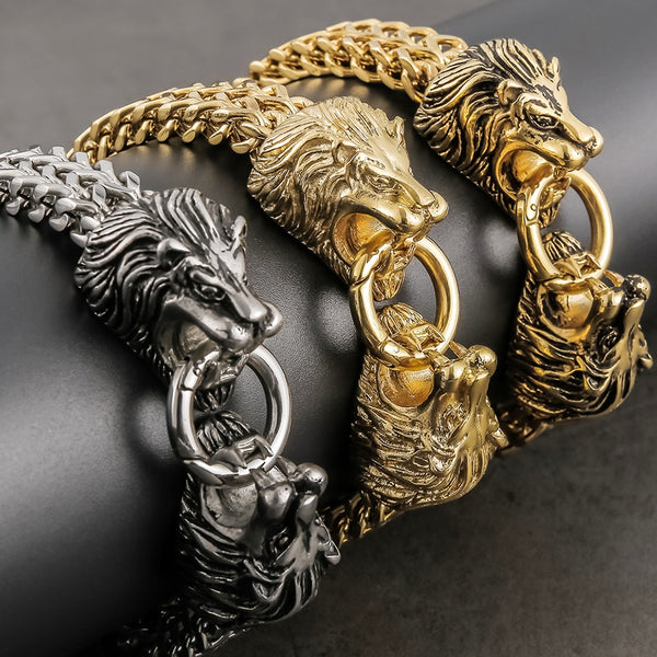 Cool Lion Head Bracelet Men Figaro Link Chain Mens Cuff Bracelets