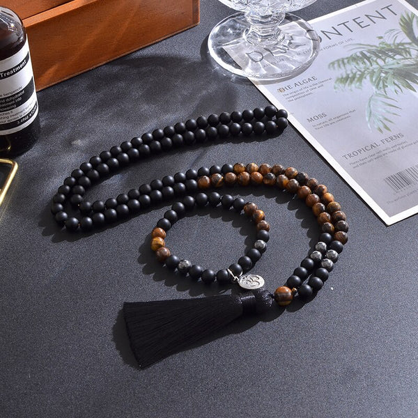 Pulsera con cuentas de hematita, ágata negra mate y ojos de tigre amarillos de 8 mm