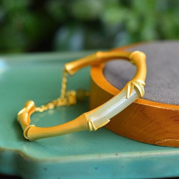 Pulsera abierta de jade hetiano natural con articulación de bambú y artesanía de oro antiguo