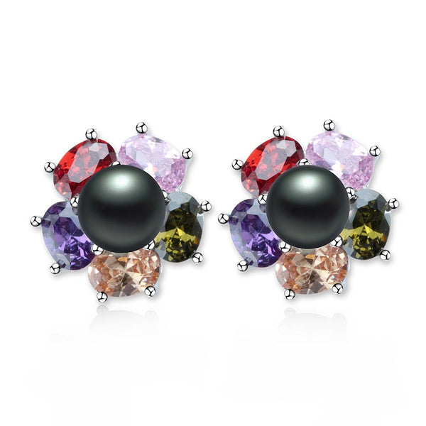 925 Sterling Silver Colorful Flower Zircon Stud Earrings For Women