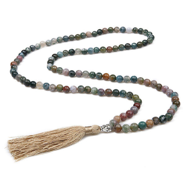 8mm Natural Indian Agate Beaded Buddha Head Necklace