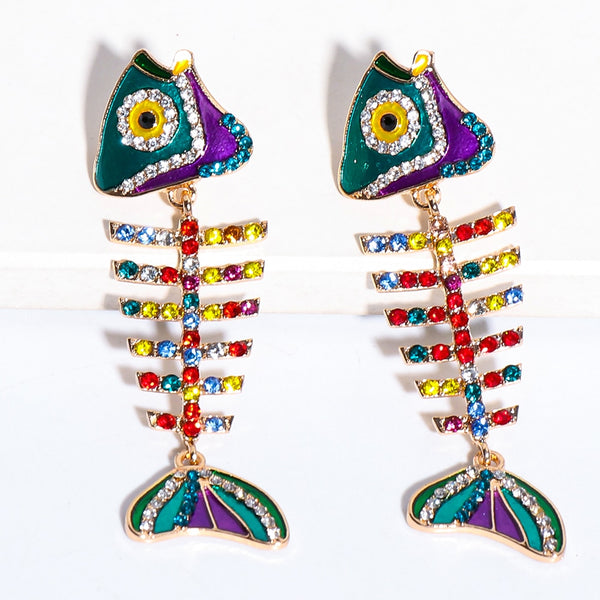 Nuevos pendientes colgantes de pez con cristales de colores llamativos, hechos a mano con diamantes de imitación y animales.