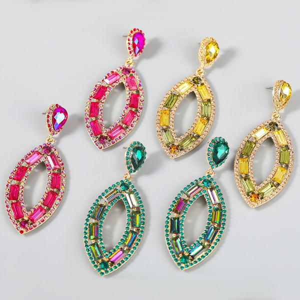 Pendientes geométricos de cristal con diamantes de imitación y hojas de sauce de metal para mujer