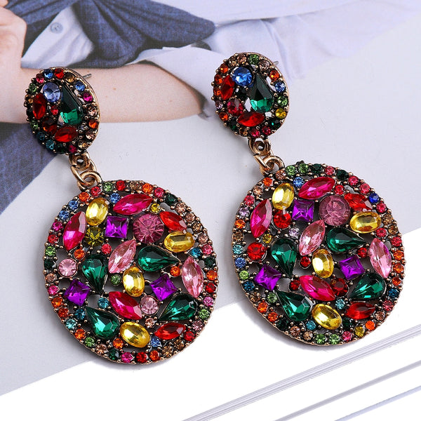 Pendientes colgantes con diseño de joyas antiguas de diamantes de imitación coloridos de estilo étnico, accesorios para las orejas para mujer