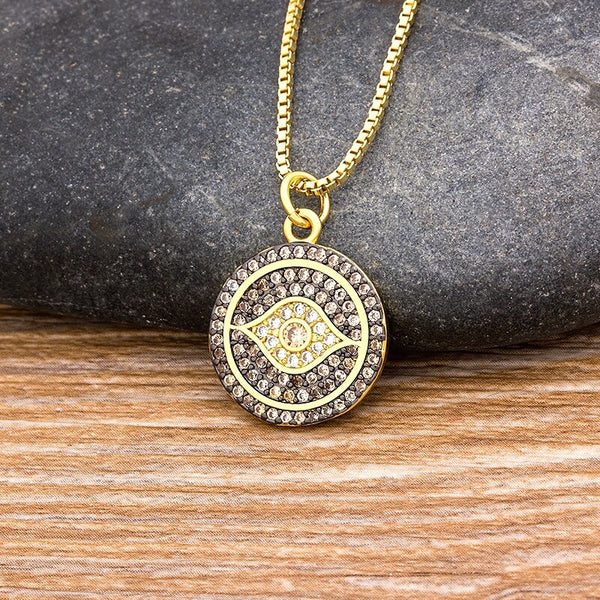 Collar con colgante de ojo turco de la suerte, de cristal, cobre y circonita cúbica.