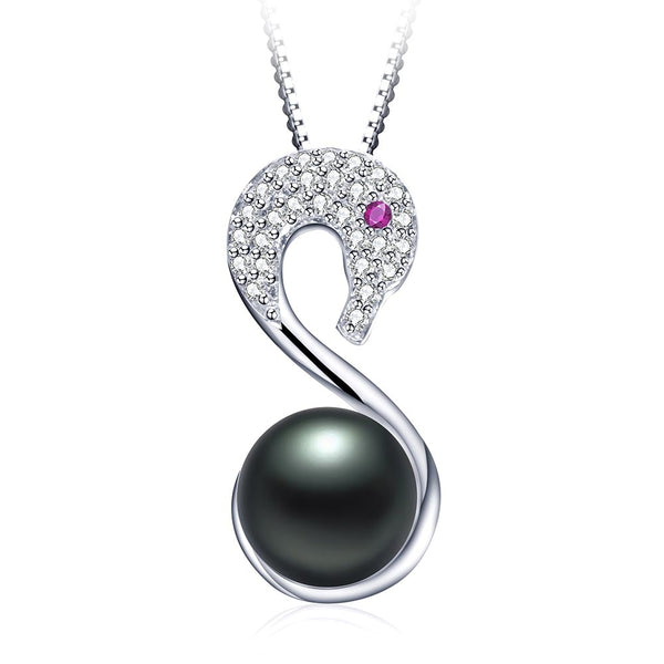 Colgante de plata de ley 925 con circonita y cisne, auténtica perla de agua dulce natural