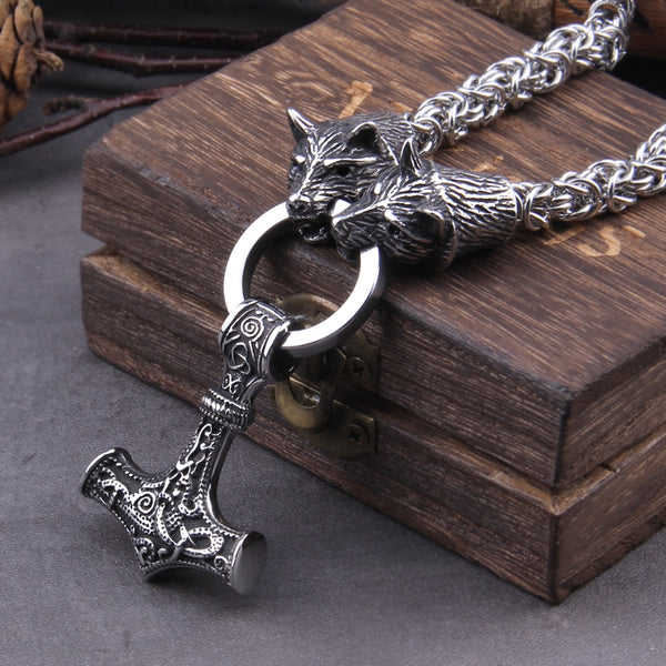 Collar de cadena hecho a mano con cabeza de lobo de acero inoxidable