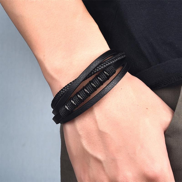 Nueva pulsera de cuero genuino para hombre de acero inoxidable con cuerda